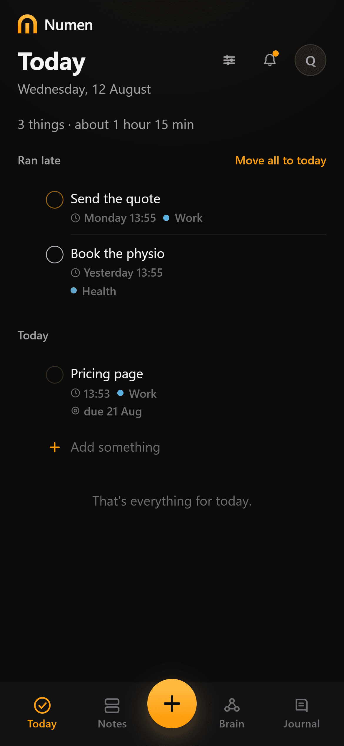 Numen's Today screen